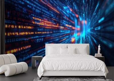 Abstract digital data stream with glowing lines and numbers, representing fast internet connection, technology, data flow, and digital world. Wall mural