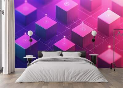 Abstract digital network with glowing cubes in purple and pink gradient. Wall mural