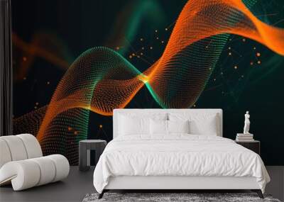 Abstract digital wave pattern with glowing dots and lines on a dark background. Wall mural