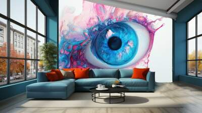 Abstract eye in pink and blue paint. Wall mural