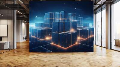 Abstract glowing blue and orange cubes with lines connected together on a dark background. Wall mural