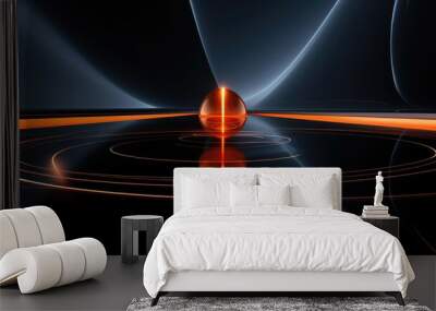 Abstract glowing orb on a dark background with lines and rings, futuristic and stylish. Wall mural