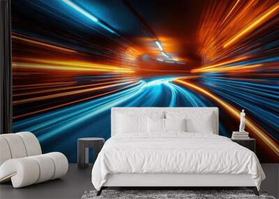 Abstract motion blur of light trails in a tunnel, depicting speed and movement. Wall mural