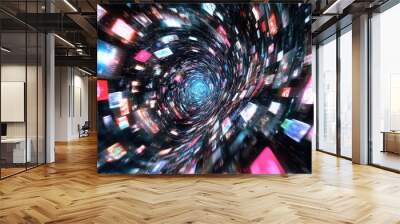 Abstract swirl of colorful squares, futuristic tunnel, digital art. Wall mural