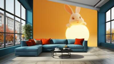 Adorable white rabbit peeking out of a glowing sphere against a soft orange background. Wall mural