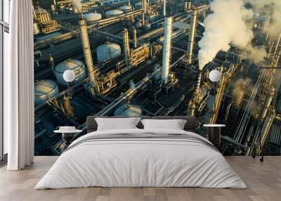 Aerial perspective of oil refinery and gas power plant, featuring storage tanks and demand price chart concepts for market analysis Wall mural