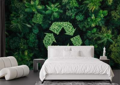 An aerial view of a lush green forest with a large recycle symbol formed by the trees. Wall mural