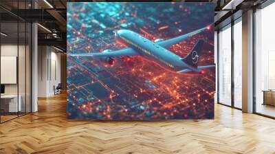 An airplane flies over a futuristic city at night, illuminated by glowing lines and dots. Wall mural