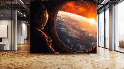 An astronaut looks out of a spaceship window at the Earth, with the sun setting over the planet. Wall mural