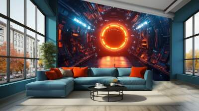 An orange glowing ring portal at the end of a futuristic metal tunnel, illuminated by neon lights. Wall mural