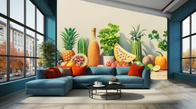 banana grape orange strawberry brocoli wortel bunch vegetables fruit nutritious foods that promote a healthy diet and Lifestyle Wall mural