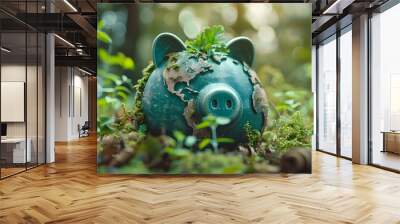 Blue piggy bank for planet Earth protection, renewable green economy Wall mural