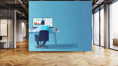 Businessman working at a desk, analyzing data on two computer monitors. Wall mural