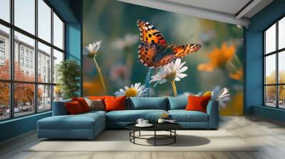 Butterfly perched on a daisy flower in a field. Wall mural