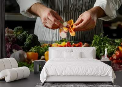 Chef adding sliced radish to a dish with vegetables and meat. Wall mural