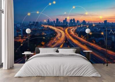 Cityscape with freeway, traffic, and connected network lines in the sky at dusk. Wall mural