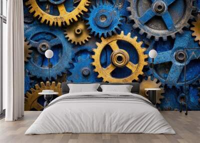 Close-up of a group of metallic gears, blue and gold, interlocked and working together. Wall mural