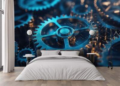 Close-up of interlocking metal gears with a blue glow, representing the intricate workings of a machine. Wall mural