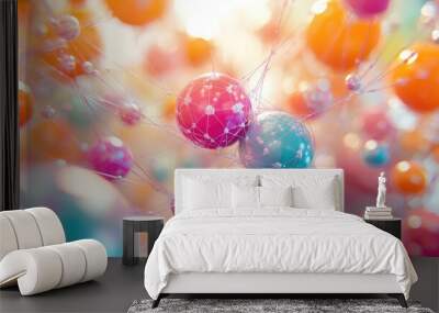 Colorful spheres connected by thin threads, creating a complex network. The spheres are iridescent and reflect light. Wall mural