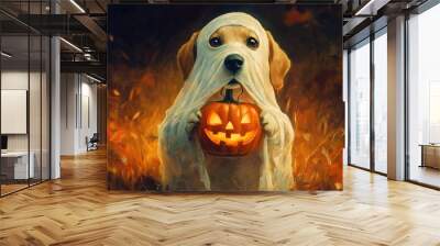 Cute dog dressed as a ghost holding a pumpkin. Wall mural