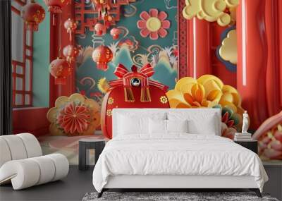 Design a 3D visualization of a vibrant red cartoon festive bag against a detailed Chinese ancient background, combining playful animation with cultural heritage Wall mural