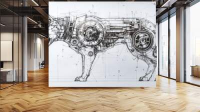 Detailed line art drawing of a robotic dog. Wall mural