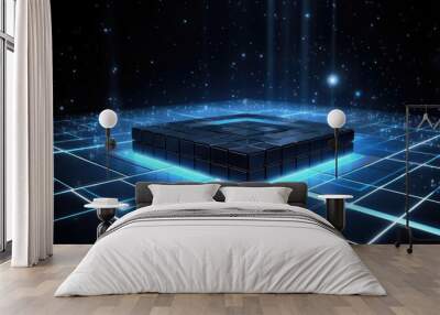 Futuristic glowing blue digital cube in dark space with glowing lines. Wall mural