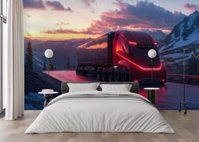 Futuristic red semi-truck drives on a winding mountain road at sunset. Wall mural