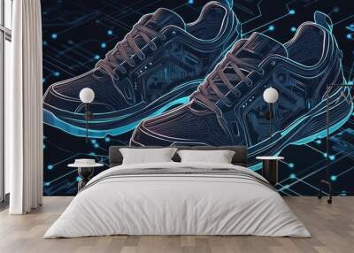 Futuristic sneakers with glowing lights, futuristic sneakers, modern shoes, digital shoes, smart shoes, virtual reality shoes, shoes with lights, blue neon lights, blue lights, glowing sneakers Wall mural