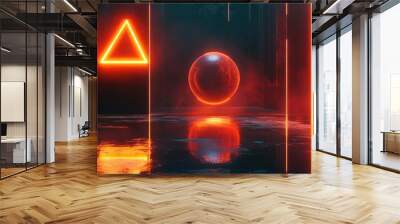 Glowing red neon triangle, sphere, and lines in an abstract, dark room. Wall mural