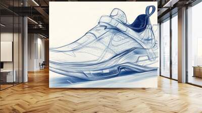 Hand-drawn illustration of a sporty, futuristic sneaker with a thick sole and a strap closure. Wall mural