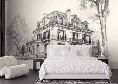 Hand-drawn sketch of a grand, elegant, French-style mansion with large windows and a manicured lawn. Wall mural