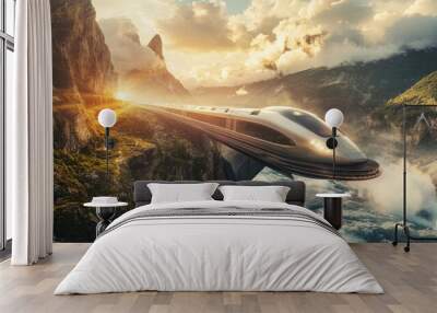 Modern train speeding through a mountain valley at sunset. Wall mural