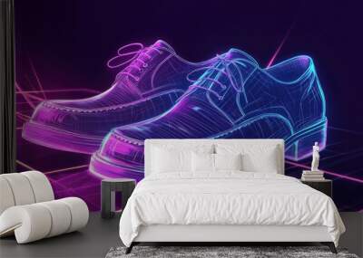 Neon glowing  leather shoes on a digital platform. Wall mural