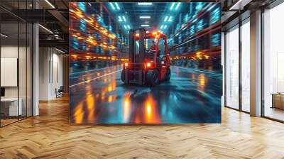 Robotic forklift and AR holograms in motion, creating a dynamic warehouse logistics environment with motion blur effects Wall mural