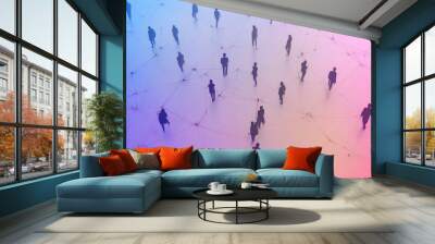 Silhouettes of people connected by a network of lines on a colorful background. Wall mural