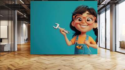 Smiling cartoon girl in overalls holding a wrench, with copy space. Wall mural