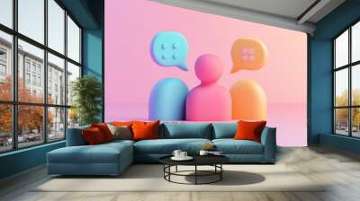 Three 3D figures with speech bubbles, representing communication and conversation. Wall mural