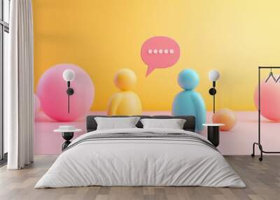 Two 3D figures with a speech bubble between them, a conversation taking place against a colorful background. Wall mural