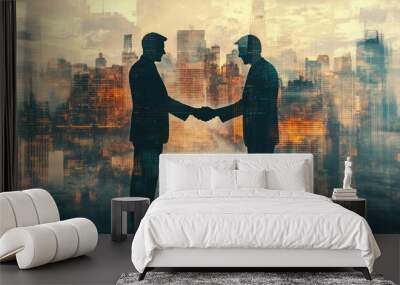 Two businessmen shaking hands in front of a cityscape, symbolizing a business deal or partnership. Wall mural