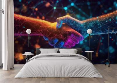 Two glowing hands in a handshake, connected by glowing lines and dots. Wall mural