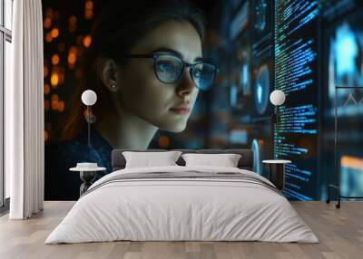 A female programmer is working on the screen, surrounded by code and graphs. Wall mural