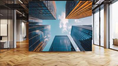 Tall skyscrapers reaching towards the sky with a blue sky and clouds in the background. Wall mural