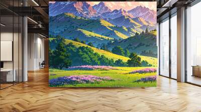 Beautiful view of flowering meadow with mountains and clouds, AI generated illustration 2 Wall mural