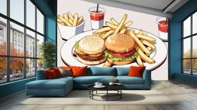 Cheeseburger illustration with fries, cartoon style, AI Generated 6 Wall mural