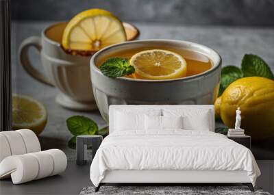 Fresh lemon juice with honey, served in a ceramic cup with lemon slices and mint leaves on the rim. Wall mural