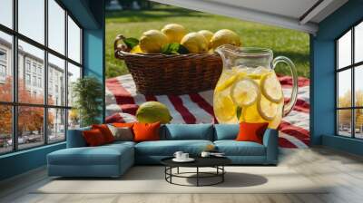 Glass pitcher of lemonade with ice and fresh lemons, set on a picnic blanket in a sunny park. Wall mural