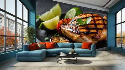 Grilled chicken breast with a smoky char, garnished with fresh herbs and served with a wedge of lime. Wall mural