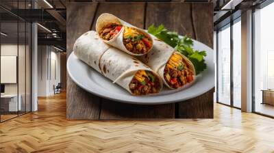 Image of a plate of burritos placed on a white plate on a wooden table 53 Wall mural