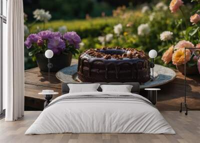 Rich chocolate cake with glossy ganache, set on a garden table surrounded by blooming flowers and greenery. Wall mural